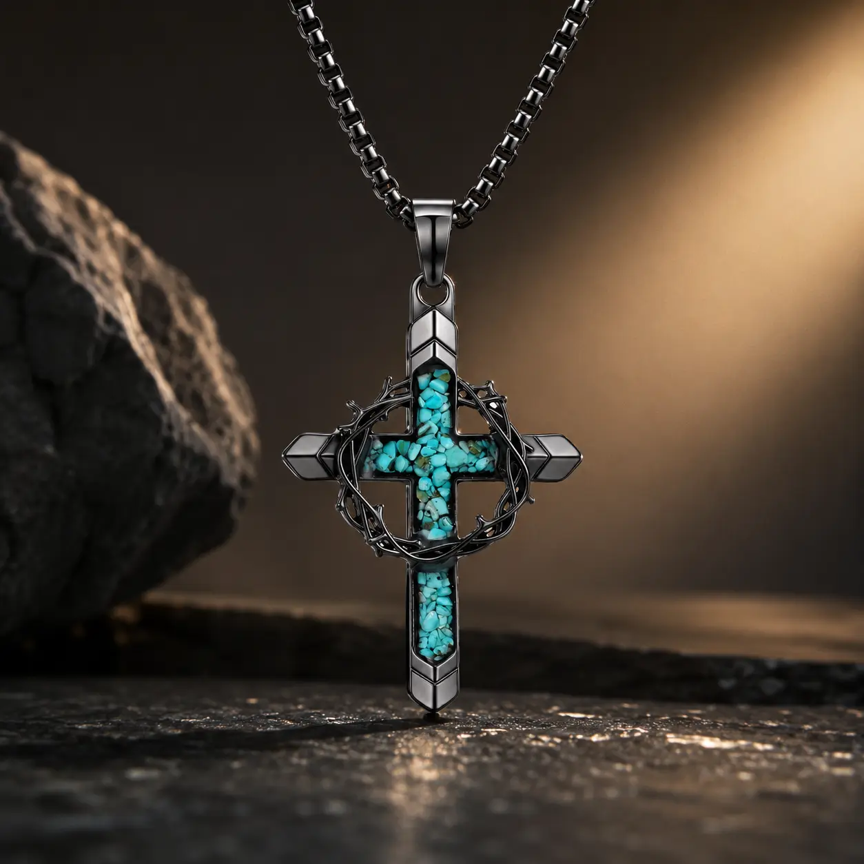 Turquoise Cross Necklace for Women Men, Thorn Crown Cross Pendant, Faith-Based Christian Jewelry for Casual Wear