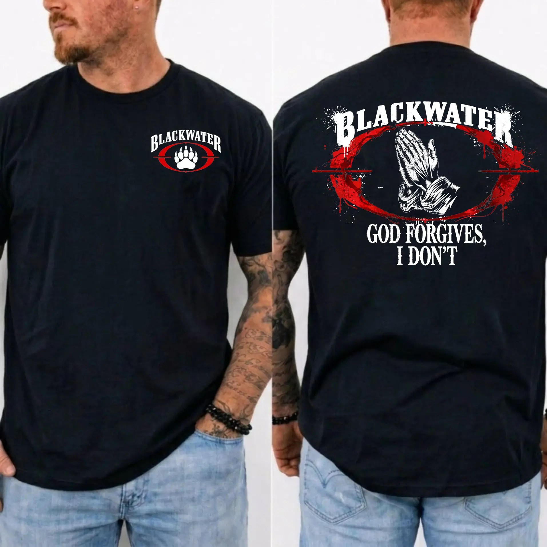 American Guardian Blackwater God Forgives I Don't Tactical T-Shirt Military Contractor Graphic Tee Warrior Mindset Shirt Tactical Streetwear Veteran Apparel Patriotic Gift for Men Women