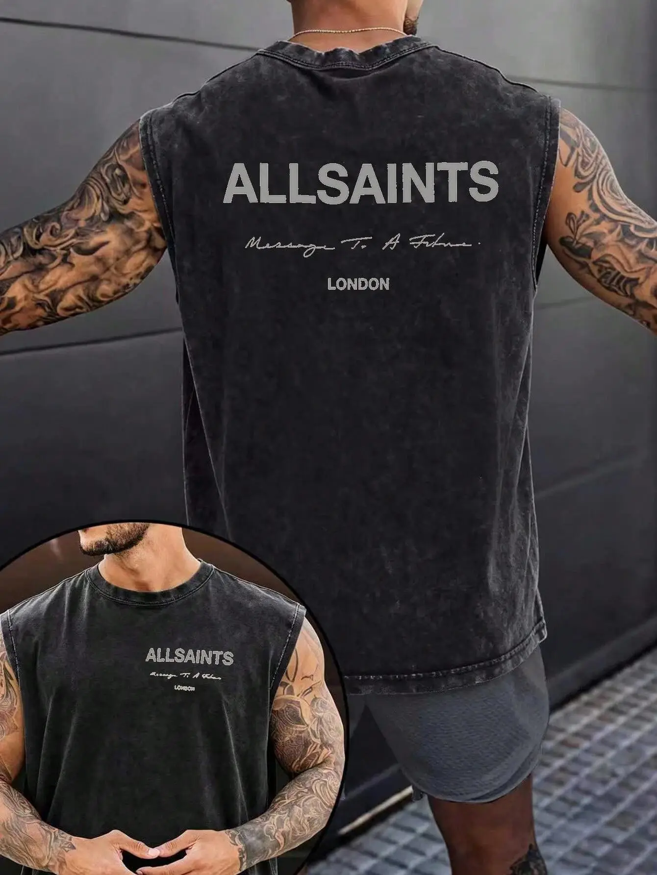 All Saints Men's Retro Oversized Sleeveless Washed Cotton Vest - London Printed, Fade-Resistant, Breathable Soft Fabric, Athletic Gym Layering Piece, Lightweight Loose-Fitting, Reinforced Stitching, Raw Edges