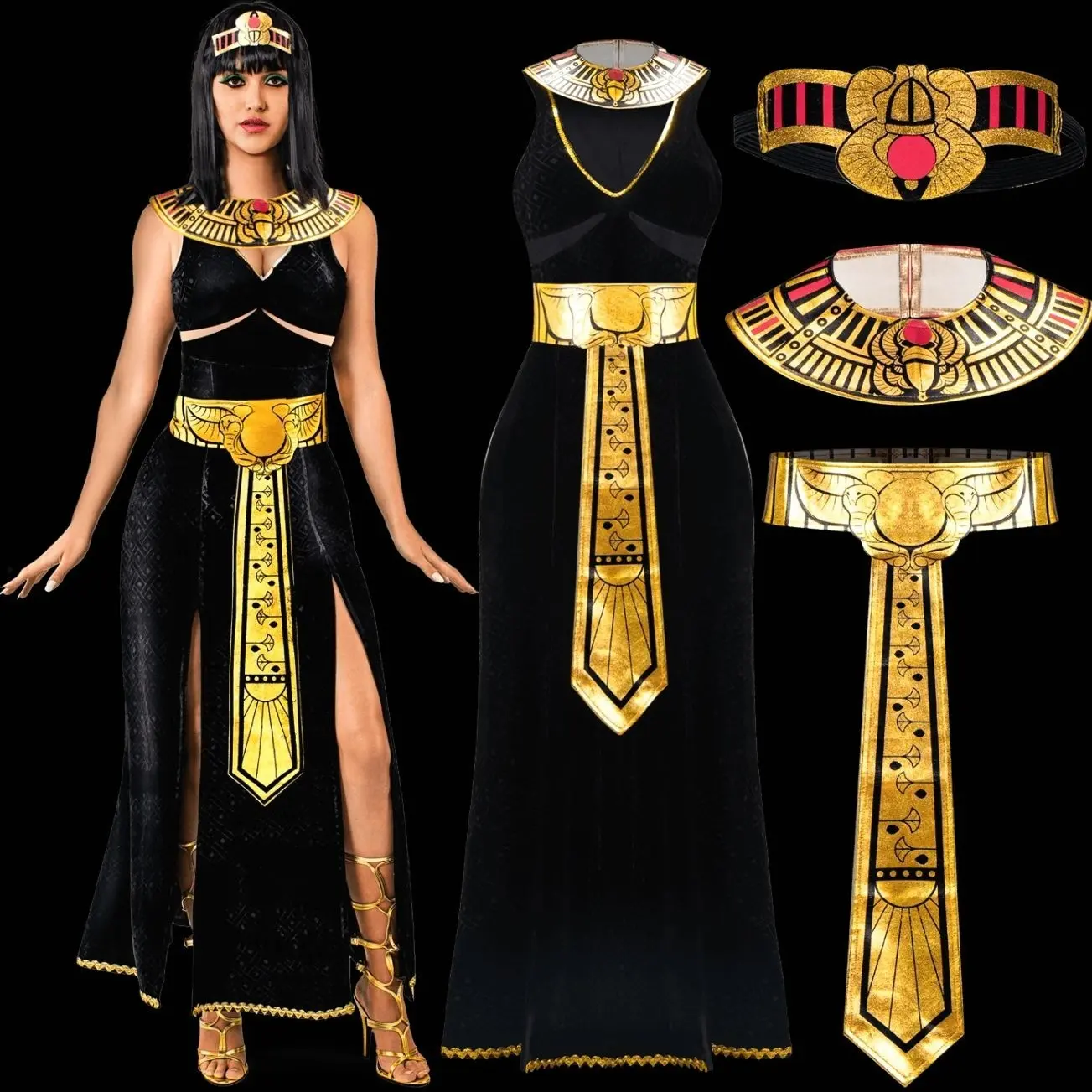 Joyfy Egyptian Queen Cleopatra Costume Set For Women - Black Dress With Accessories For Halloween