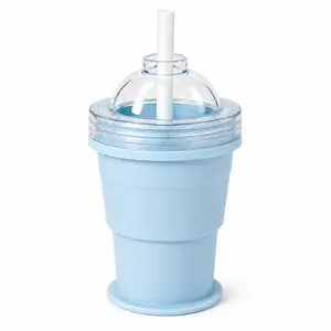 Collapsible Silicone Ice Ball Cup, 2-in-1 Ice Sphere Mold and Portable Drinking Cup with Straw, Reusable Large Round Ice Cube Maker for Whiskey, Cocktails, Iced Coffee and Summer Drinks, 1 Pack