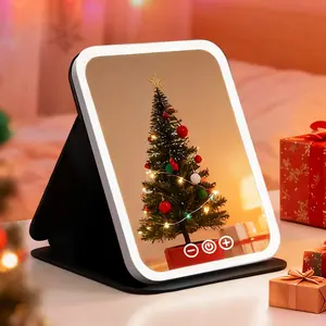 Makeup Mirror with Lights, USB Rechargeable Vanity Mirror with Stand, 3 Color LED Lighting Dimmable Brightness Adjustable Angle Compact Mirror, Foldable Cosmetic Mirror, Portable Travel Makeup Mirror, Birthday Anniversary Gift for Women