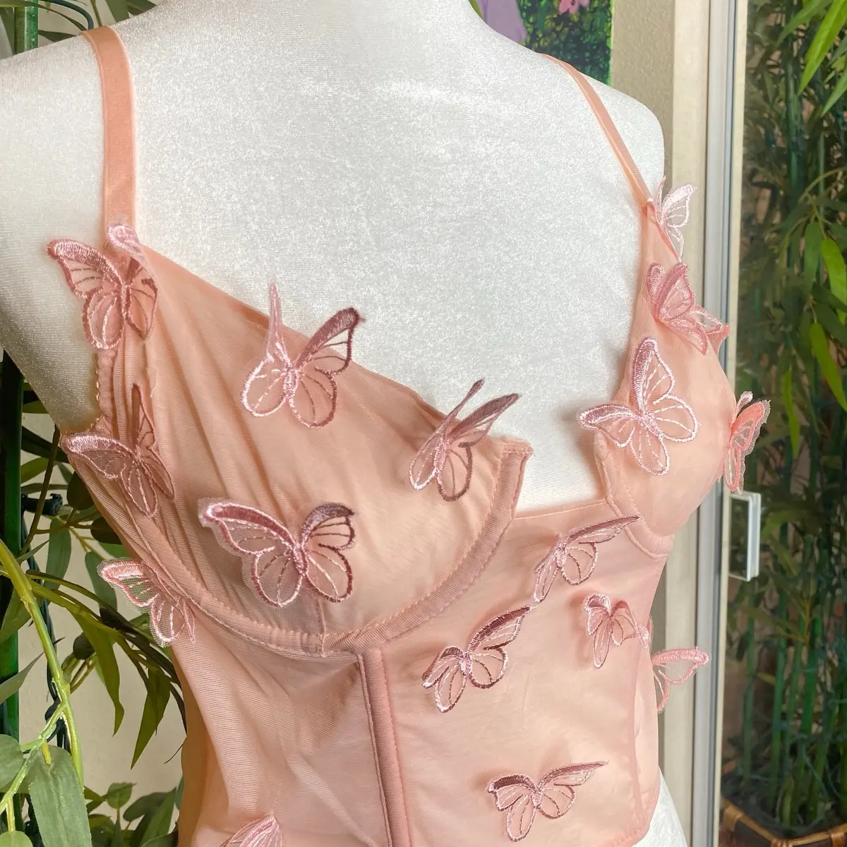 Pink and White Butterfly Mesh Corset Top  Adjustable Strap for Women - Fashionable Tube Top - Womenswear