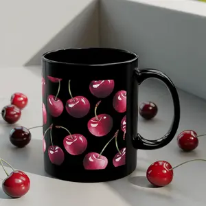 Cherry Coffee Mug – Glossy Black Ceramic Cup with Vibrant Red Cherries Pattern – Available in 11oz or 15oz – Microwave & Dishwasher Safe – Bold & Stylish Kitchen Decor – Perfect Gift for Fruit Lovers, Coffee Fans & Fun Home Aesthetic Drinkware Washable