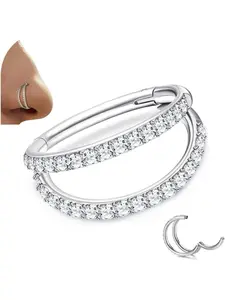 1 Pc Silvery Delicate G23 Titanium Nose Ring Hoop, Nose Piercing Accessory, for Women Men 5A Zirconia Double Hoop Septum Click Ring Clear CZ Paved Piercing Jewelry Hypoallergenic Safe for Long-time