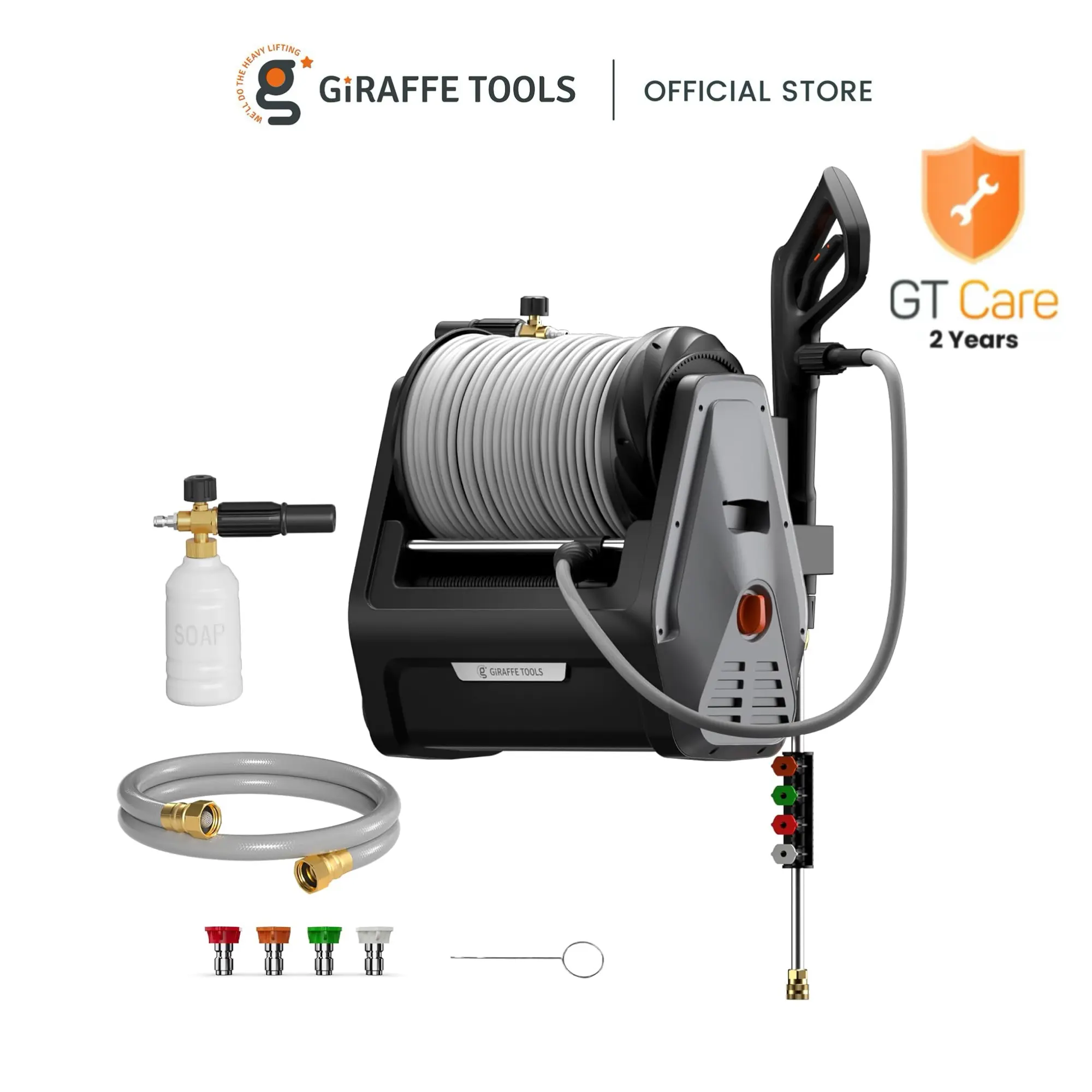 Giraffe Tools Grandfalls Retractable Power Washer Essential - 2900 PSI Power, 2.2GPM, 100ft Replaceable Hose, 5 Spray Nozzles, 2X Lower Noise for Quiet Clean, GFCI Plug, Pressure Washer Wand