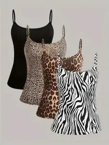 Women's Plain & Leopard Print & Zebra Stripe Print Adjustable Strap Cami Top, Casual Spaghetti Strap Sleeveless Top for Summer, Ladies Clothes for Daily Wear, Womenswear