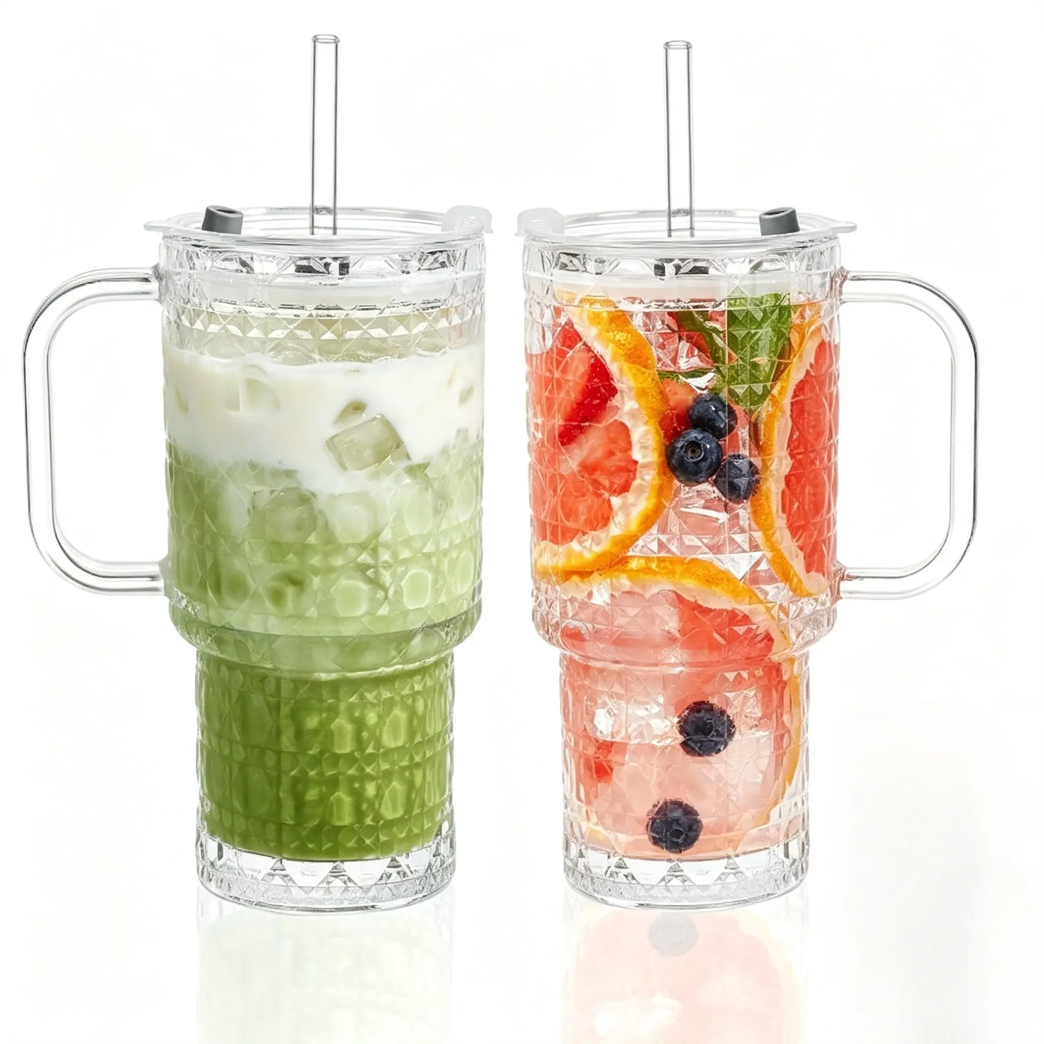 2-Pack Modern Thick Glass Tumblers (17oz/26oz) with Handle & Lid, Straw-Included Drinkware for Iced Coffee, Travel Car Use, Handle Keeps Drinks Steady for Office Desks, Glass Cup Glasses