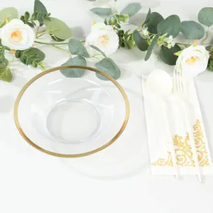 20-Pack Clear Plastic Salad Soup Bowls 12oz, Gold Rim Round Design - Disposable Dessert Serving Bowls