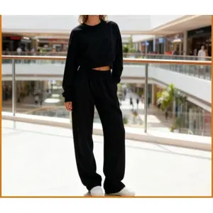 Women's Crop Fleece-Lined Round Neck Sweatshirt & Wide Leg Pants 2-Piece Set - Soft Cotton Stretchy Cozy Athleisure Everyday Wear  Must-Have Fall/Winter 2-Piece Set!