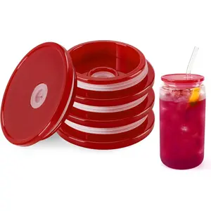 Joyclub 4 Pack Acrylic Lids for 16 oz Glass Cups with Bamboo Lids and Straws Reusable Iced Coffee Cup Beer Can Drinking Glasses for Smoothie Whiskey Boba Soda Tea Gift (Red)