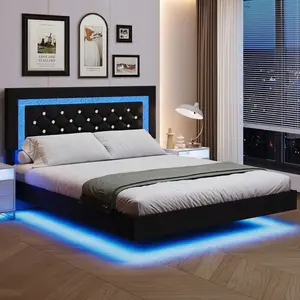 Full/ Queen/ King Bed Frame, Upholstered Platform Bed Frame With LED Light, LED Bed Frame With Diamond Headboard, White/Pink/Black, Full/ Queen/ King, Full Bed Frame Bed Frame Full Queen Bed Frame Bed Frame Queen King Bed Frame Bed Frame King mirror