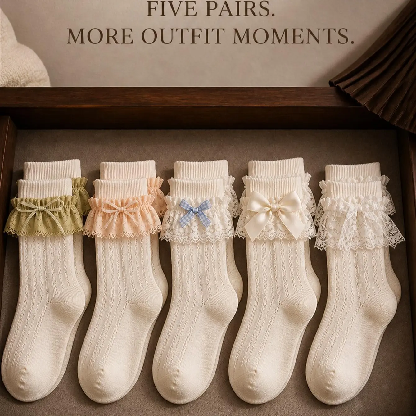 5 Pairs Women's Cream Lace Bow Mid-Calf Crew Socks Soft Breathable Knit Ruffle Trim Coquette Lolita Socks for Mary Janes