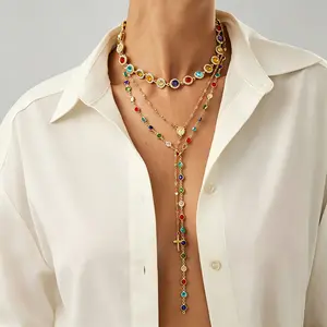 Women's Bohemian Gold-Plated Faux Crystal Long Layered Lariat Necklace, Adjustable Cross Pendant Statement Jewelry, Ideal for Vacation & Gifting (Birthday, Valentine's Day, Anniversary)