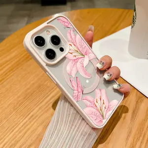 Pink Lily Pattern Clear Magnetic Phone Case , MagSafe Silicone Bumper Protective Cover For iPhone X XSMAX 11 12 13 14 15 16 Pro Max Plus Y2k Butterfly