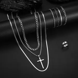 [MANA] 8Pcs Men's 304L Stainless Steel Ring Necklace & Bracelet Set Multi-layer Chic Twist Chain Adjustable Handmade Punk Ring Hip-Hop Blade Chain, Cross Pendant Stackable Necklace Father's Day Bracelets Gift, Casual Holiday Accessory Set