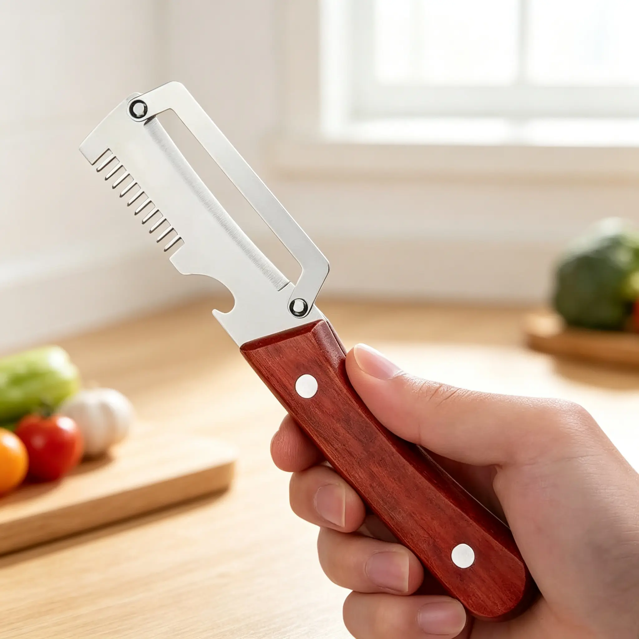 Multi-functional fruit and vegetable peeler with sharp stainless steel blades, ergonomic wooden handle with bottle opener, a great kitchen tool for home preparation.