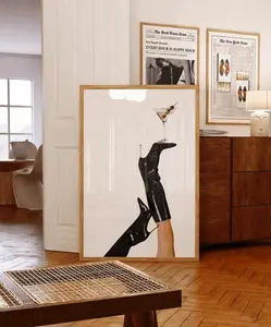 Trendy Black Boots Poster Martini Wall Art Vintage Femme Fatale Print Luxury Fashion Photography Girly Apartment Decor