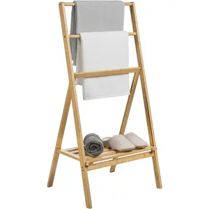 3 Tier Free Standing Towel Rack for Bathroom, Pool Outdoor, Foldable Blanket Ladder with Storage Shelf, 43" H Bath Towel Holder Organizer Drying Rack, Light Brown Solid  Quilt Rack