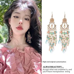 Bohemian Water Drop Feather Seed Bead Tassel Earrings Niche Ethnic Style Ear Hooks Elegant Light Luxury Vacation Style Ear Jewelry