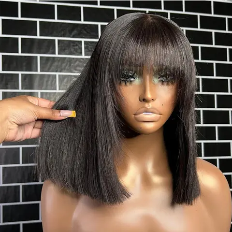 Natural Color Straight Bob Wig with Bang 4x4 Transparent Lace Human Hair Wigs Glueless 180% Density Pre Plucked For Woman