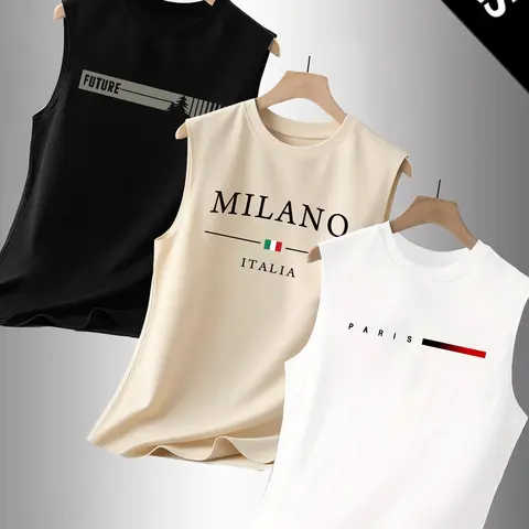 Men's Summer Casual Sleeveless Athletic Tank Top, Letter Print Sports Vest, Sleeveless Sports Tops, Outdoor & Daily Activewear for Fitness, Pack of 3, Fitted Style