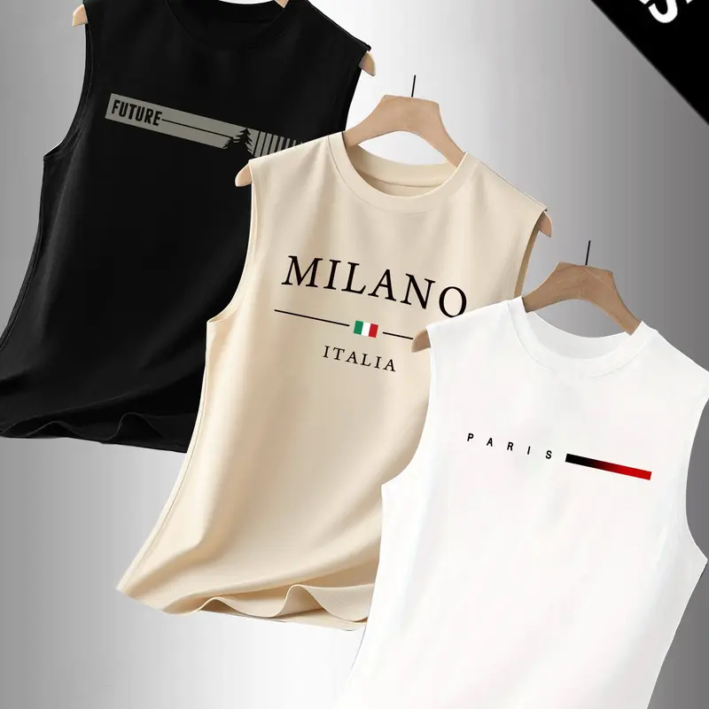 Men's Summer Casual Sleeveless Athletic Tank Top, Letter Print Sports Vest, Sleeveless Sports Tops, Outdoor & Daily Activewear for Fitness, Pack of 3, Fitted Style