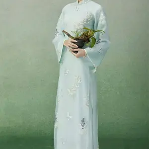 Áo Dài thêu hoạ tiết bướm kèm quần lụa trắng - Vietnamese Traditional dress pants .
