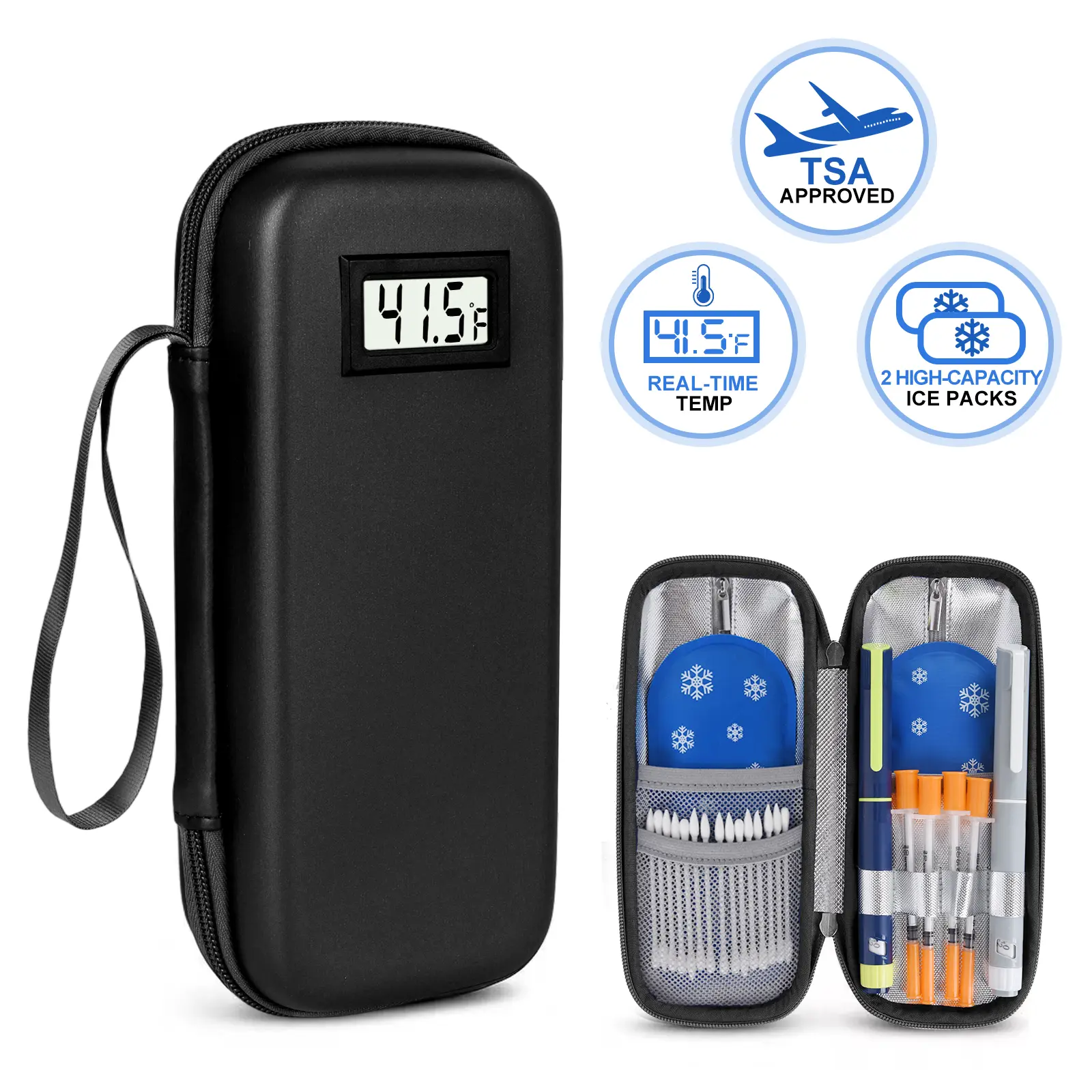 Insulin Cooler Travel Case with Temperature Display - Refrigerated Travel Case Diabetic Travel Case with 2 TSA Approved Ice Pack for Trip and Daily