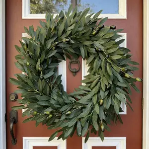 Country Style Faux Olive Leaf Wreath, Plastic Material, Perfect for Events and Wedding Centerpiece, Ideal for Front Door, Fireplace, Home Decor, Spring Decoration