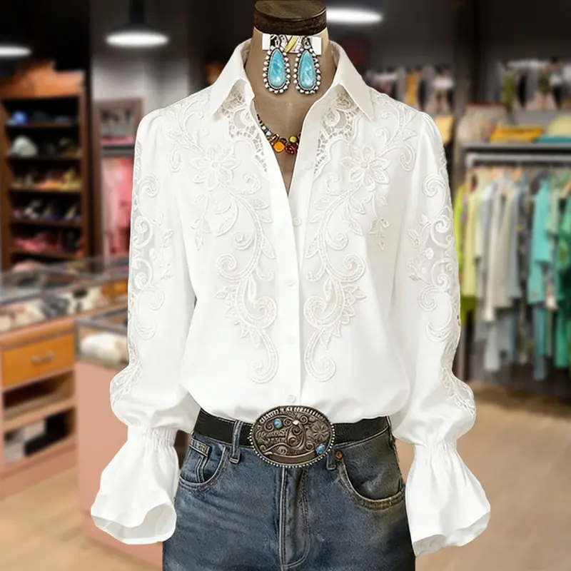 Cherrybetty Vintage 100%Cotton Flower Embroidered Flared Cuffs Blouse Shirts Plus Size Fashion Clothes For Women Cute Tops For Women Tops For Women Long Sleeve Tops Women