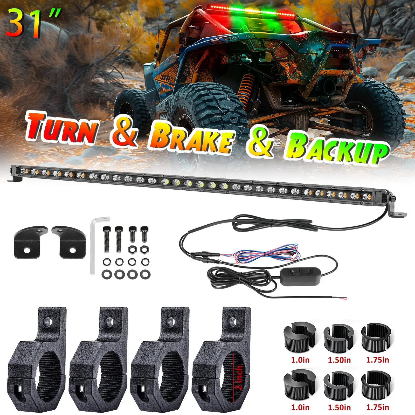 YCHOW-TECH Strobe Light Kit, 30" UTV Rear Chase LED Light Bar with 4x 2" Roll Bar Mounts for Polaris RZR Turbo R tiktokshopspringglowup, Led Car Lights, Strobe Light Module