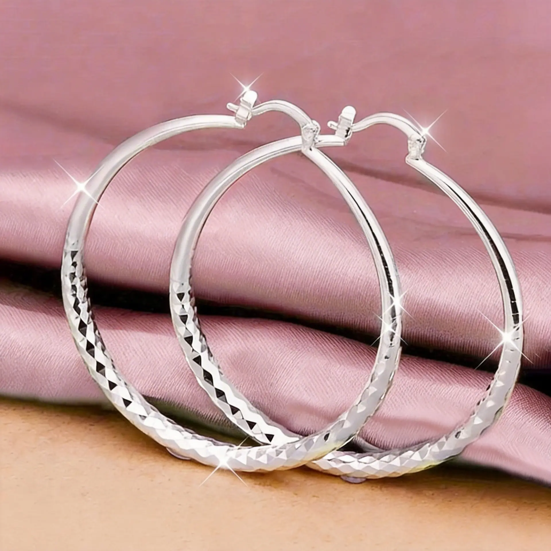 Women's 925 Sterling Silver Plated Metal Hoop Earrings - 50MM Diamond-Cut Rounded, Textured Click-Top, Sparkling Shining Luxury Embellished Ear Jewelry, Rounded Earrings, Sparkling Ear Jewelry, Shining Earrings, Circular Earrings