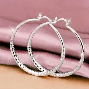 925 Sterling Silver Plated Hoops & Loops Diamond-Cut Round Hoop Textured Click-Top Earrings for Women, Slver,  50MM