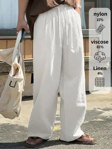 Men's Summer Linen, Breathable Loose Fit Palazzo Pants Drawstring Tie Front Boho Beach Trousers With Pocket Casual Solid Color Soft Elastic Waist Lounge Pants Travel Vacation Bottoms Date Brunch Home Work Streetwear Casual Fashion Loose