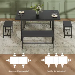63" Expandable Dining Table  for 4-8, Space-Saving Kitchen Table w/ 2 Benches & 2 Stools, Wood Top & Metal Frame, Easy Assembly, Black room set