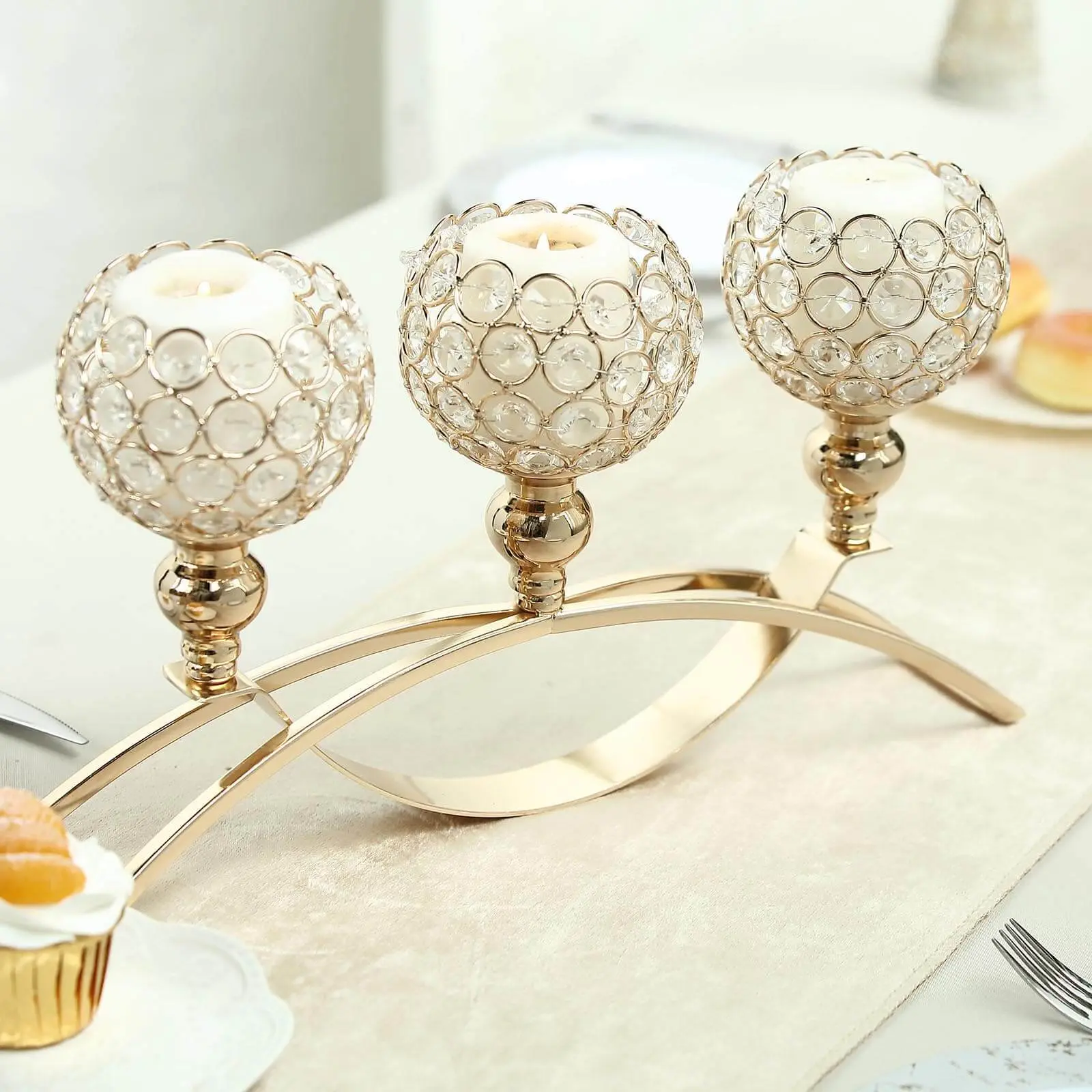 3-Arm Arch Bridge Candelabra Gold with Crystal Beads - Chic Table Centerpiece for Events 16"