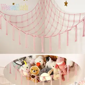 55in Hand-Woven Rope Triangular Plush Toy Storage Net, Wall-Mounted Corner Hanging Basket, Home Organizer for Bedroom Dormitory with Cotton Boho Bedroom Decor Ideas