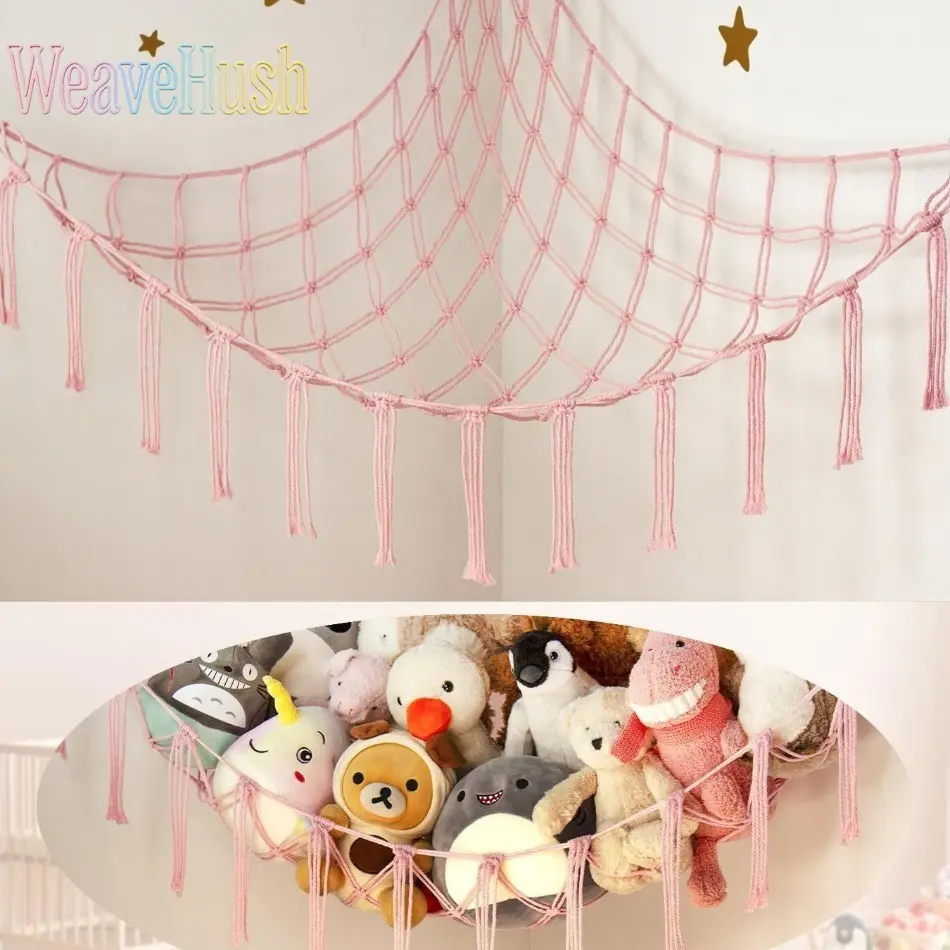 Handwoven Cotton Toy Storage Hammock, 55 In Triangular Corner Net for Kids' Bedroom, Hanging Home and Room Decor, Decoration, Stainless Steel, Mesh, 55-Inch