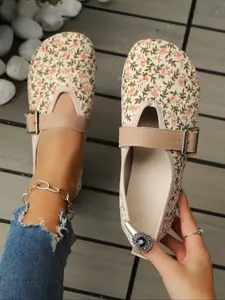 Women's Floral Flat Shoes, Summer Breathable Slip-On Sneakers, Buckle Shoes, Fashion Casual Daily Wear, Textile Upper, Rubber Sole