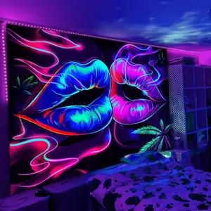 Lip Print Tapestry, 1 Count UV Reactive Fluorescent Wall Hanging Tapestry, Wall Art Decor for Home Living Room Bedroom Study Room, Tapestry Wall Mural