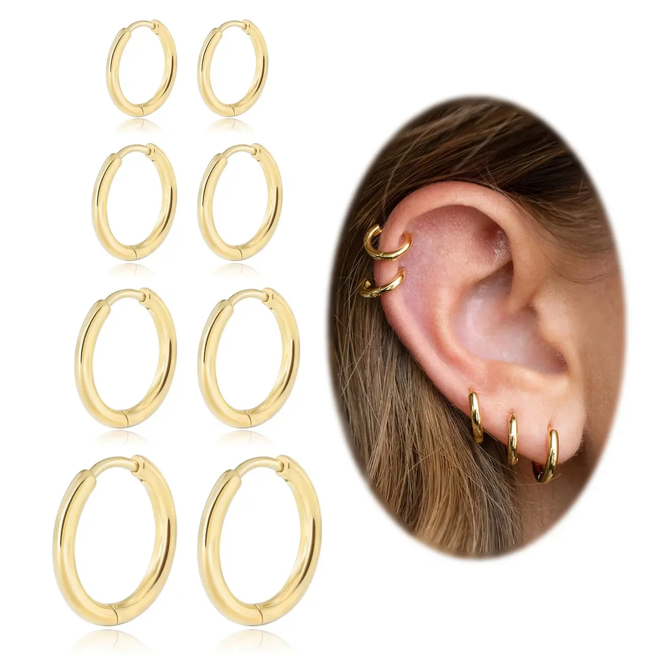 Women's Earrings Set - 4 Pairs Hypoallergenic Dainty Lightweight Gold Ear Hoops, Sensitive Ears Solutions, Wearable Mini Earrings, Perfect Gift for Women, Earring Stack