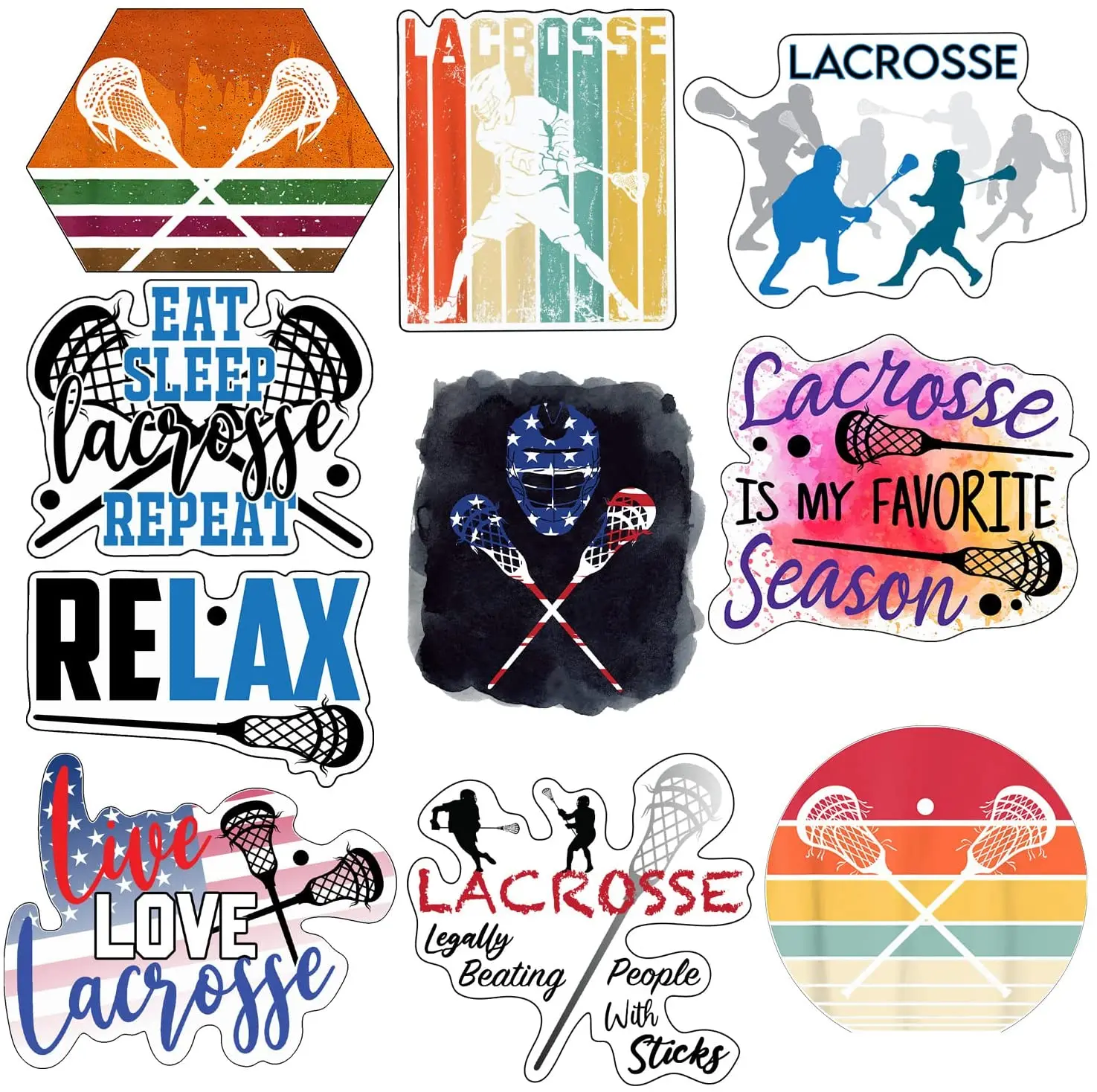 Lacrosse Stickers, Ten Vinyl Stickers Supporting Lacrosse, Great Lacrosse Gift, Decorative Stickers