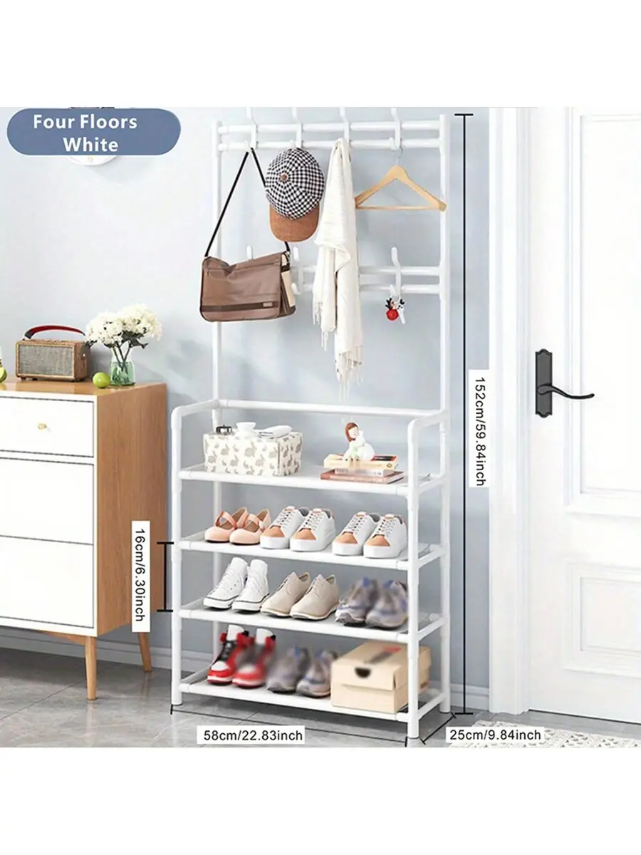 1 Entry Shoe Rack, Clothes Rack, Living Room Shoe And Hat Storage Rack With Hooks, Corridor Storage Rack For Shoes, Clothes, Hats, Bags, Books, Home Accessories