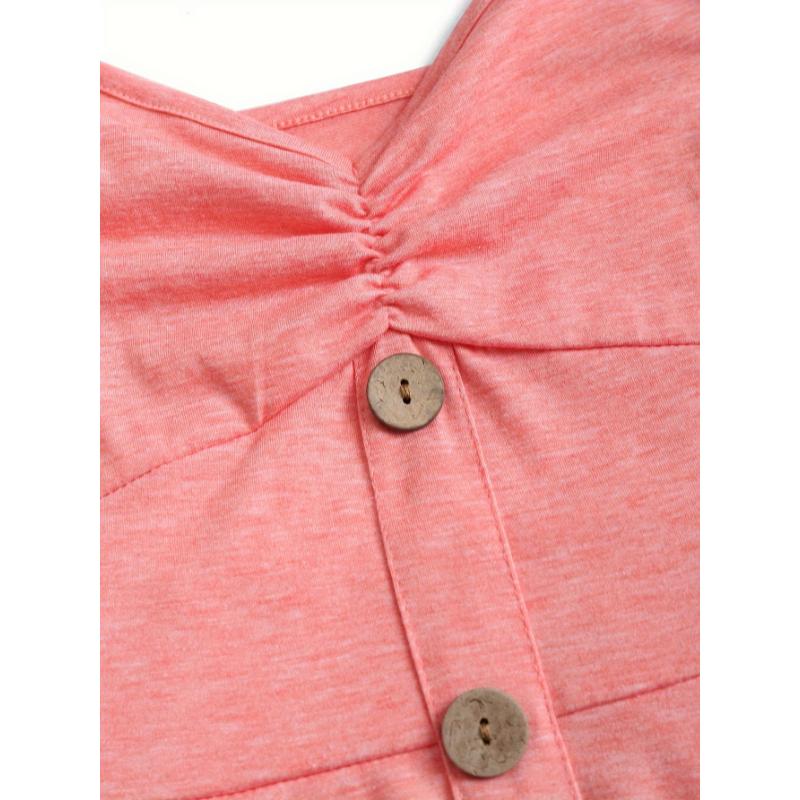 Light Pink Chic V-Neck Sleeveless Dress - A-Line Flare with Decorative Buttons & Ruched Detail, Polyester Blend, Machine Washable, Perfect for Spring/Summer/Fall  Casual Collar Fabric Womenswear Spandex Comfort Strap Strappy Women's Elegant Loose Midi hem