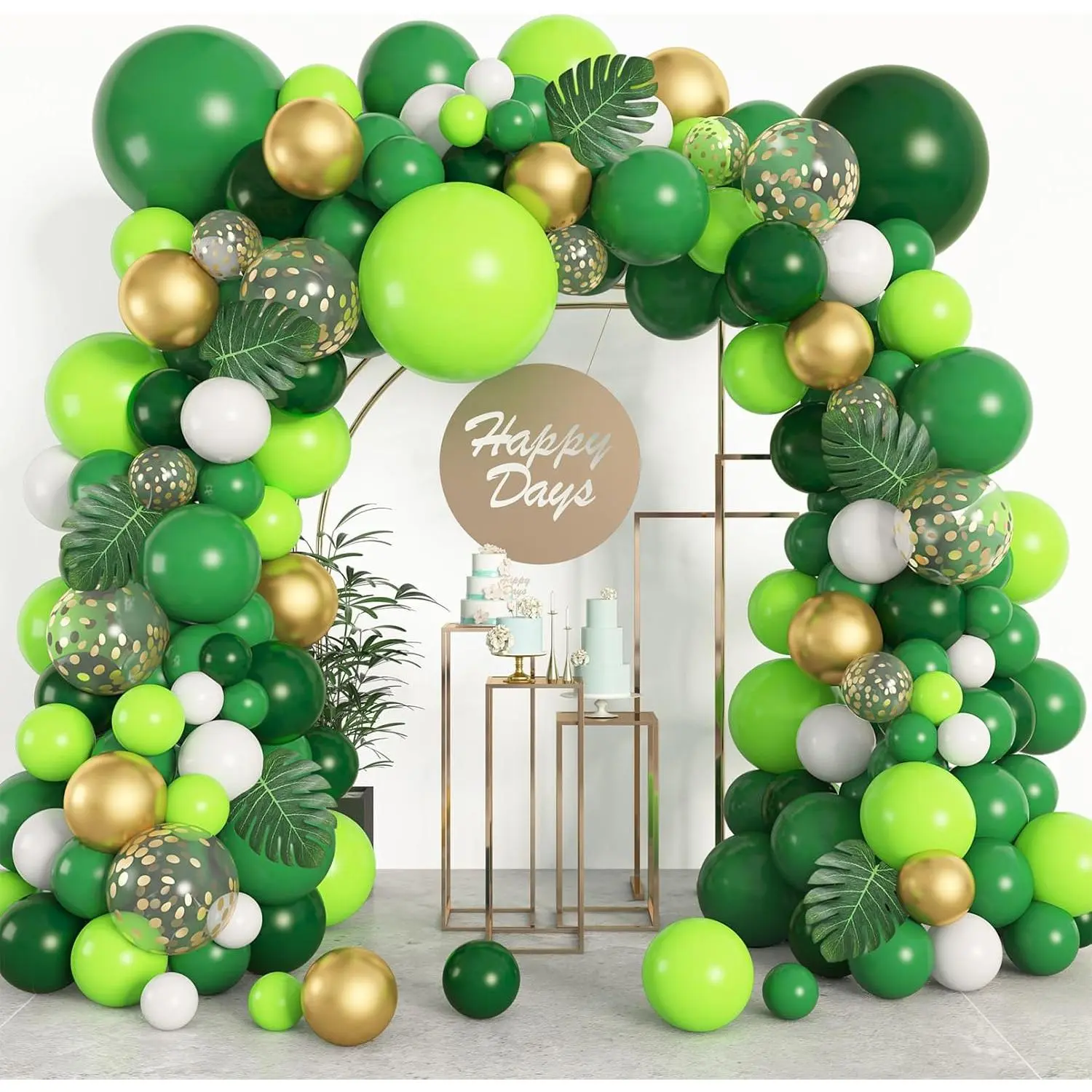 163Pcs Jungle Party Balloons Garland Arch Kit, Gold Lime Green Balloons with Artificial Tropical Palm Leaves for Dinosaur Safari Party Decorations Wild One Birthday Party Supplies