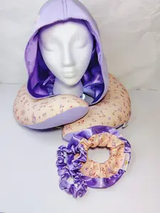 Satin hooded Travel Neck Pillow Blue Girl power, Pink Teddy, and Purple Flowers