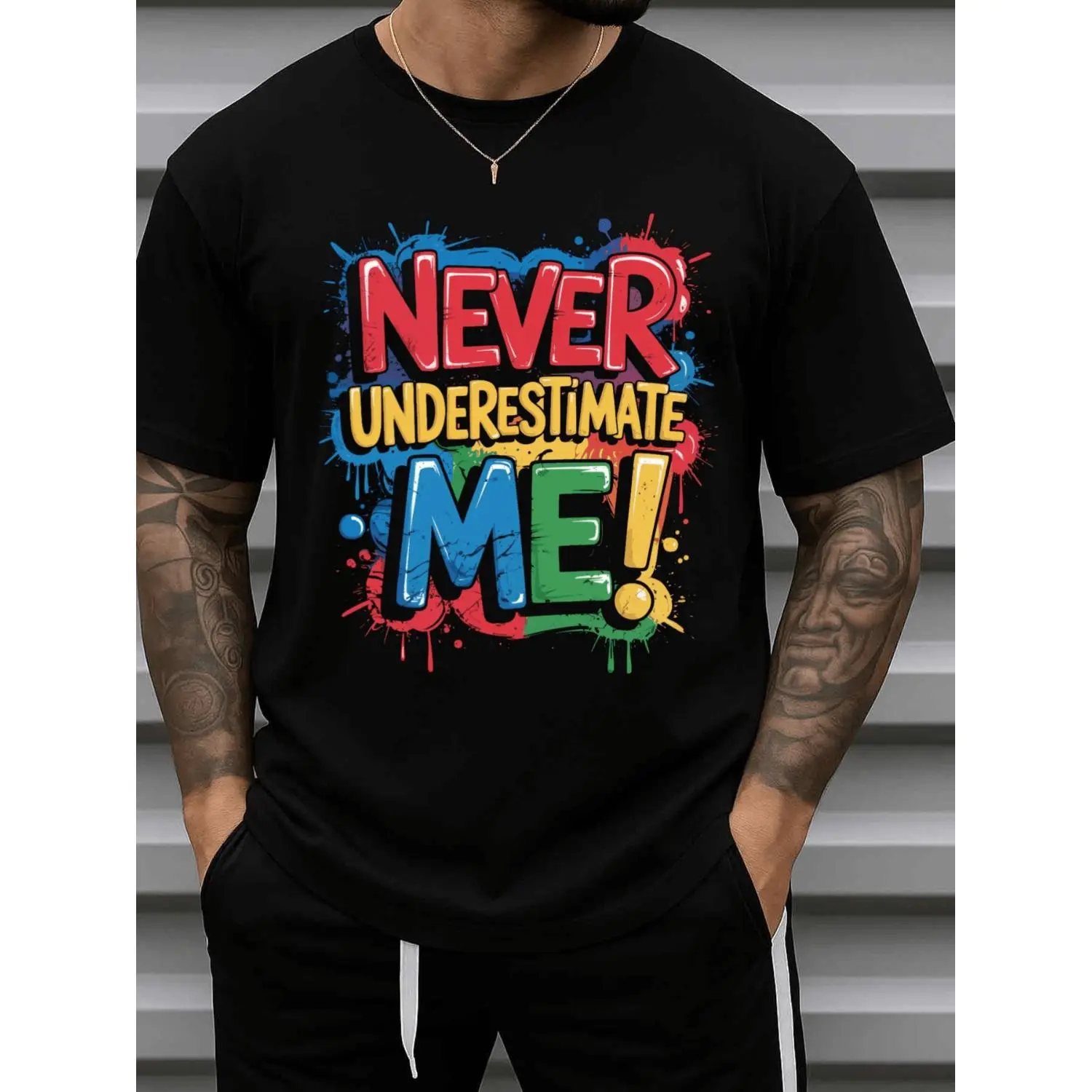 Mens Never Underestimate Me Funny Slogan Cotton T-shirt 180gsm 100 Percent Cotton Casual Short Sleeve Round Neck Tee with Humorous Text Print Black Summer Streetwear and Daily Confidence Gift Idea