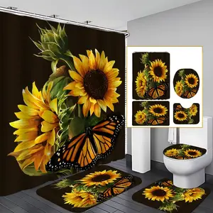 4 Pcs Sunflowers Bathroom Curtain Sets with 12 Hooks,Floral Design Bathroom Decor Sets - Bathroom Shower Curtain,Toilet Lid Cover,Non-Slip Bathroom Rugs and U Shape Bath Mat,Modern Simple Waterproof Fabric Bathroom Decoration Set