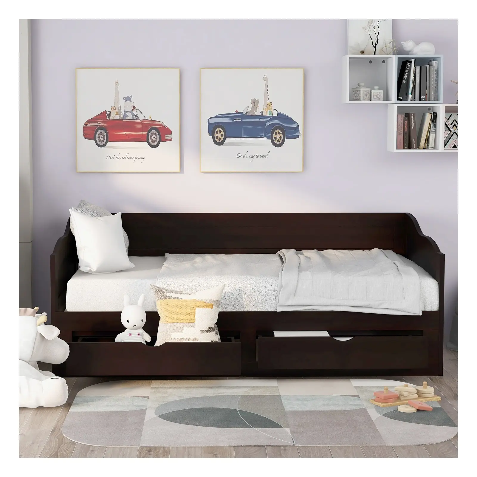 Twin Wood Daybed Frame with Trundle, Espresso/White/Gray